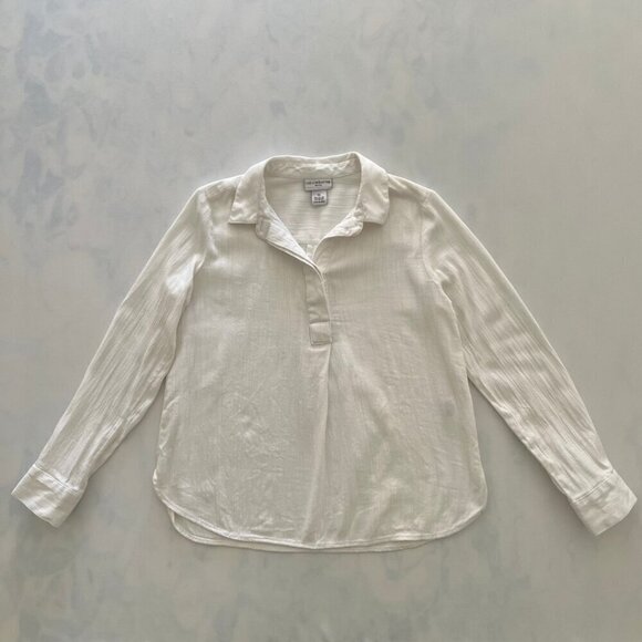 Liz Claiborne Petite White Cotton Button V-Neck Long Sleeve Cover Up Blouse - Picture 1 of 7